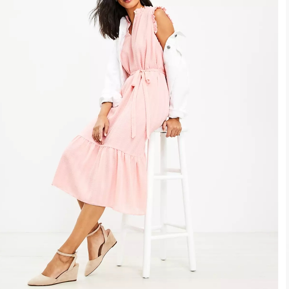 NWOT LOFT Ruffle Sleeveless Midi Dress Women's XS Pink Barbiecore Babydoll